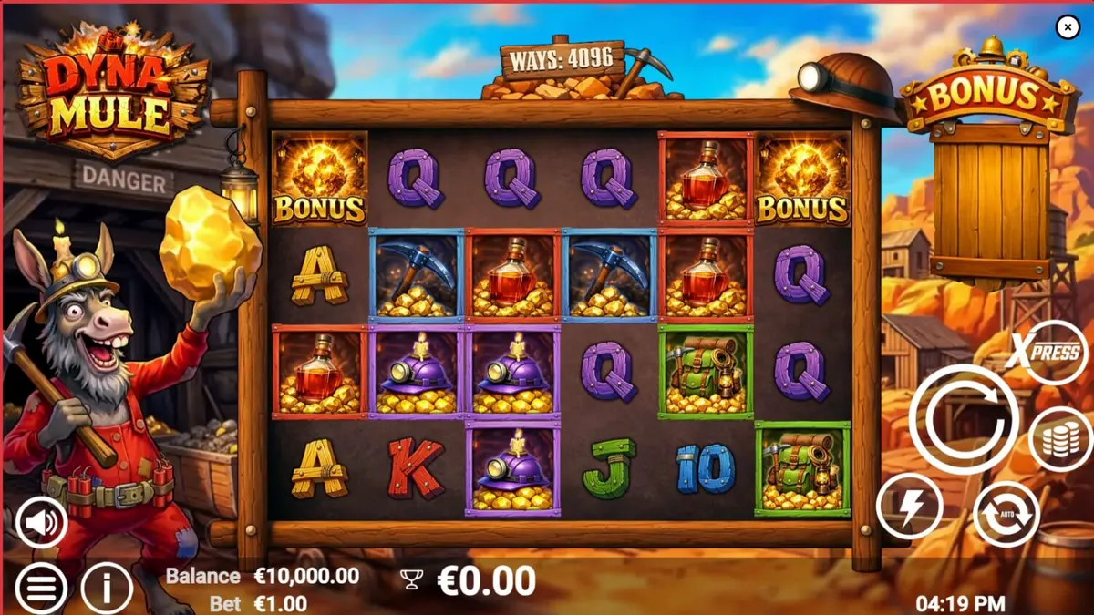 Cena temática de mineração do slot Dyna Mule com elementos visuais de explosivos e rochas