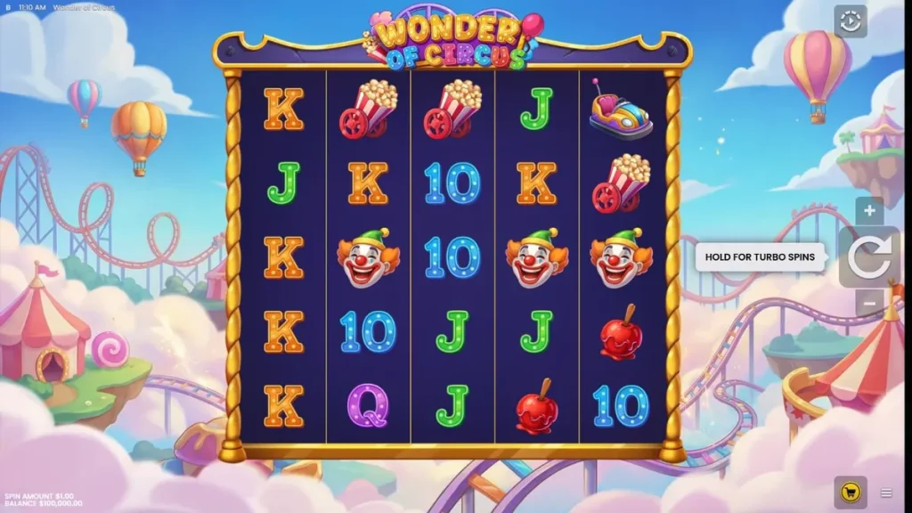 Interface vibrante do slot Wonder of Circus com elementos de circo neon